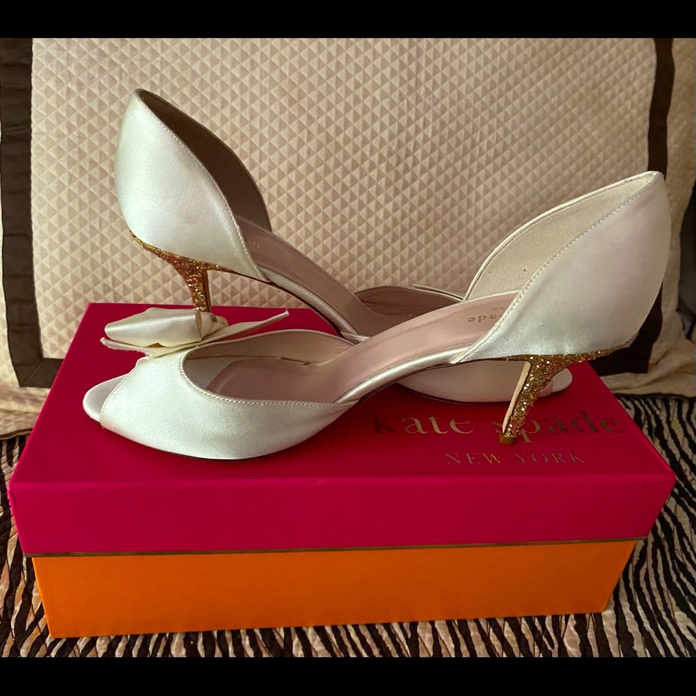 Kate Spade Ivory Satin Gold Glitter Heels size 11
